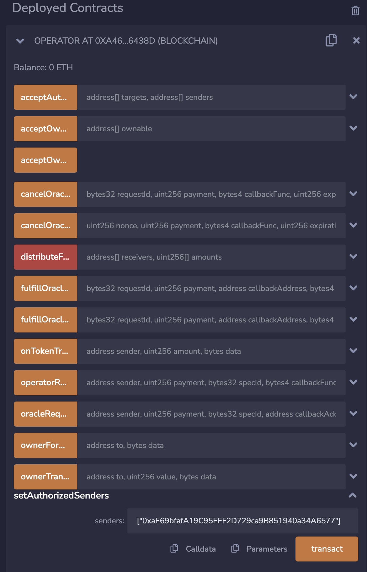 A screenshot showing all of the fields for the deployed contract in Remix.